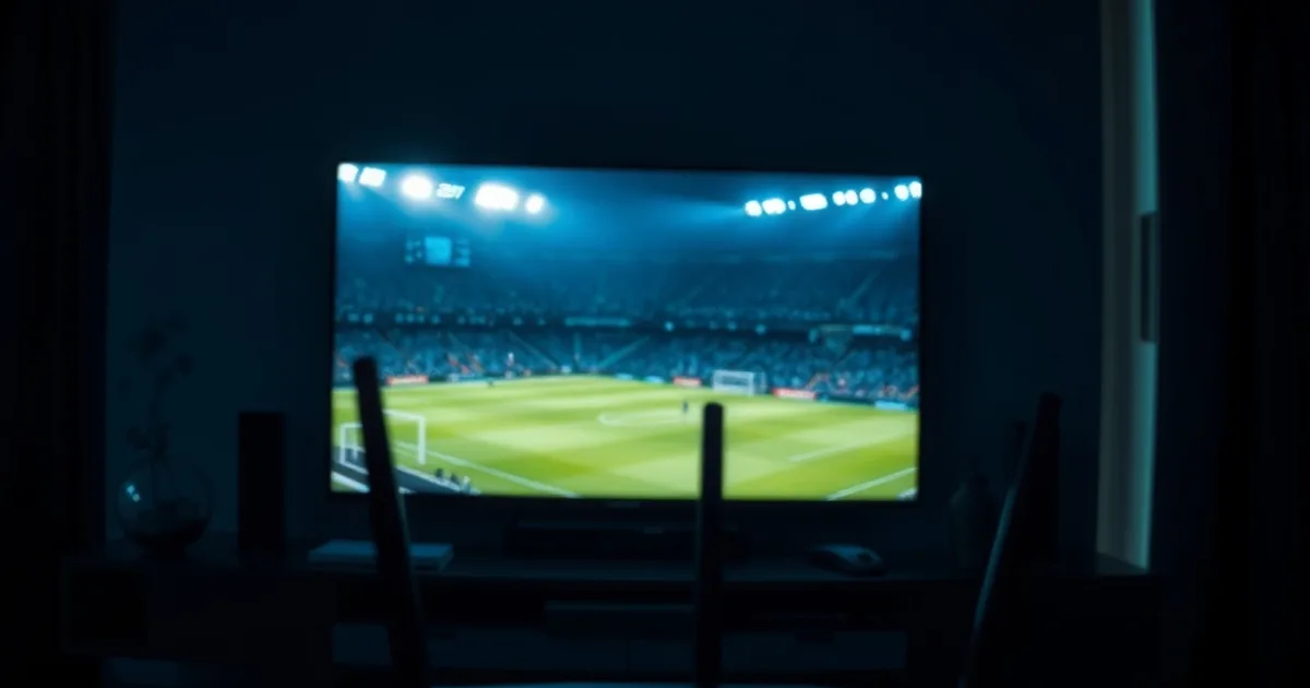 Mørkt stue-miljø om aftenen med et stort TV der viser en fodboldbane oplyst af projektører, og en router med blinkende lys i forgrunden