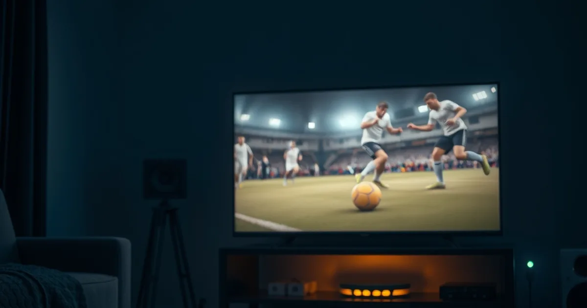 Mørkt dansk stue-scene med en TV-skærm der viser en pauseret fodboldkamp, en router med blinkende lys og et ethernet-kabel på gulvet