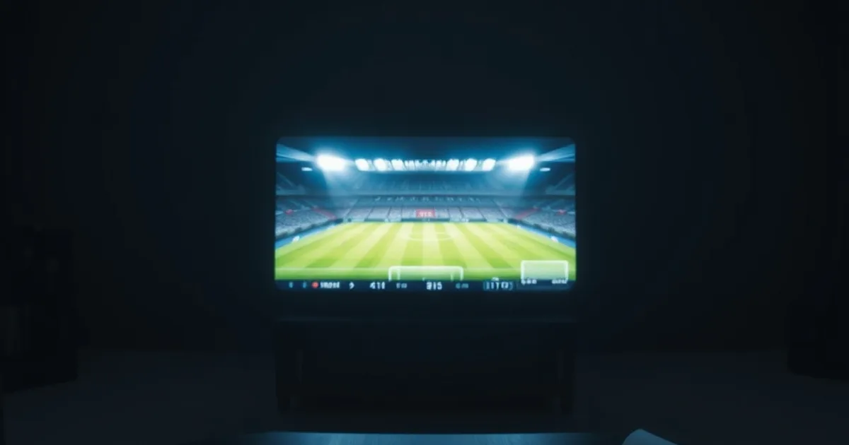 Mørk stue om aftenen med et tv, der viser en oplyst fodboldbane, og en kvittering med en rød pil opad på bordet som symbol på Viaplays prisstigning