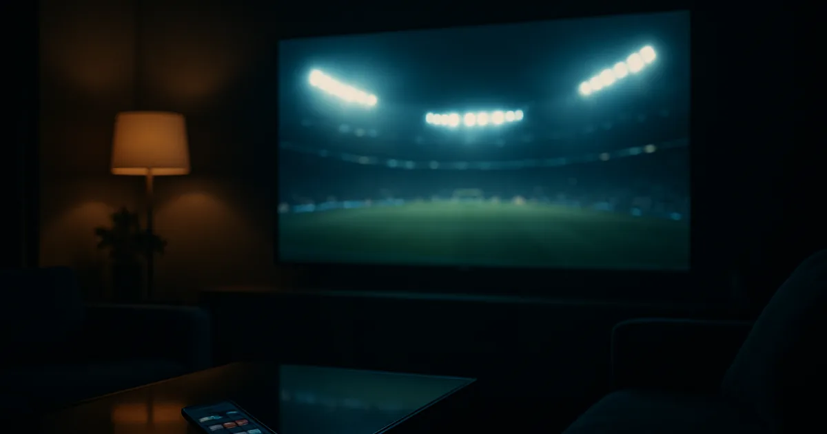 Mørk stue om aftenen oplyst af et stort tv, der viser en sløret VM-fodboldkamp under lys, med en smartphone på sofabordet der viser en streaming-app.