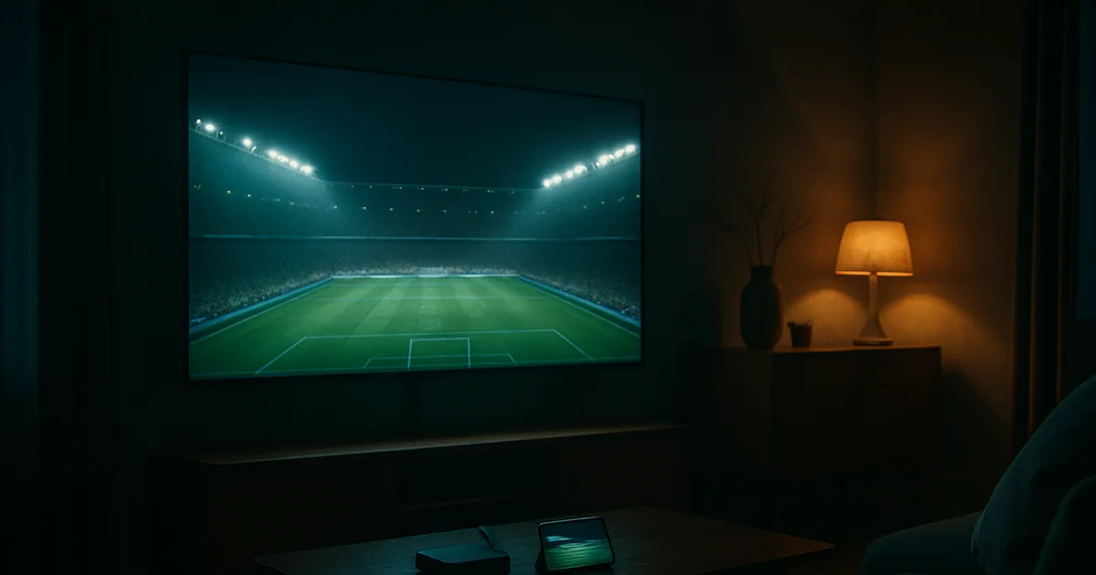 Mørkt dansk stueinterieur om aftenen oplyst af et stort tv, der viser et VM-fodboldstadion med fyldte tribuner, mens en streaming-box og en telefon på sofabordet viser samme kamp.